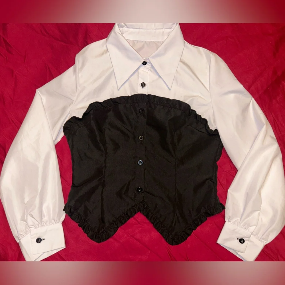 Black And White Button Up With Ruffles, Office Top With Collar Size Small - Picture 2 of 3